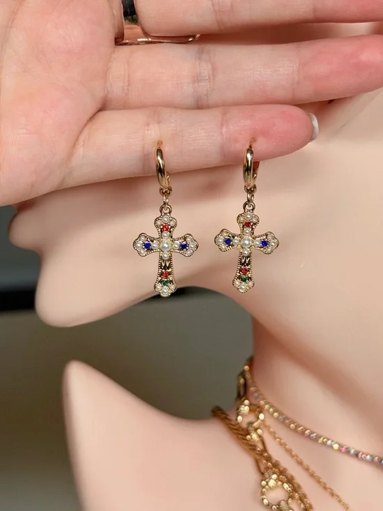 Gold Cross Pendant Huggie Earring with Multicolor Stones - Picture 12 of 12